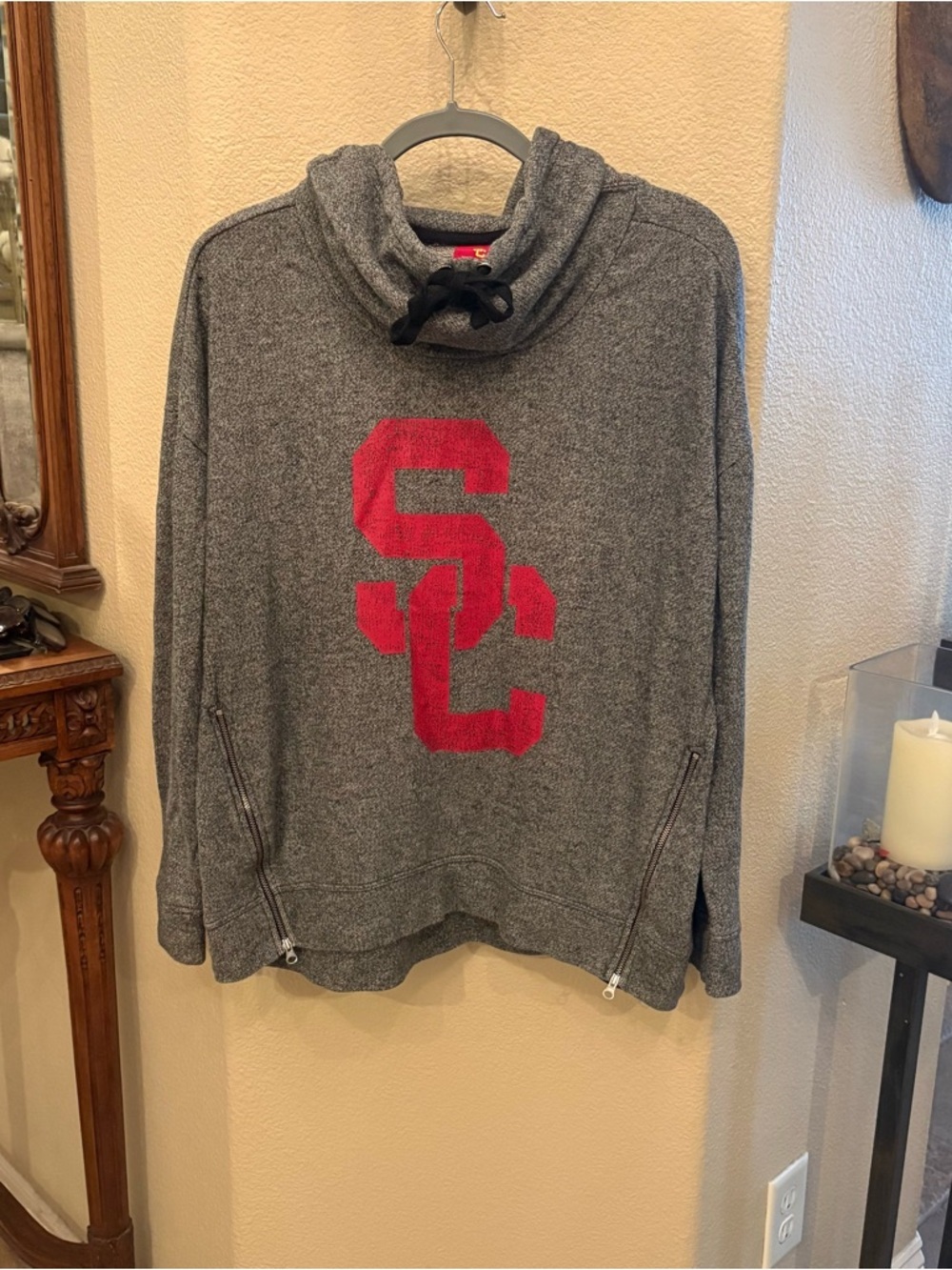 USC Trojans Gray SC Interlock Cowl Neck Hoodie Side Zipper Sweater Size Large